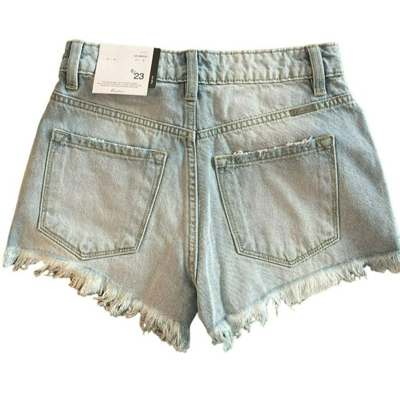 Kancan High Rise Distressed Jean Shorts 0 / 23 Denim Light Wash Colored NWT - Picture 4 of 4